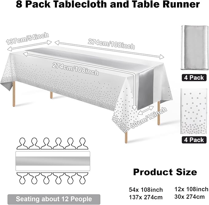8Pack Disposable Plastic Tablecloths and Satin Table Runner Set White and - Image 2