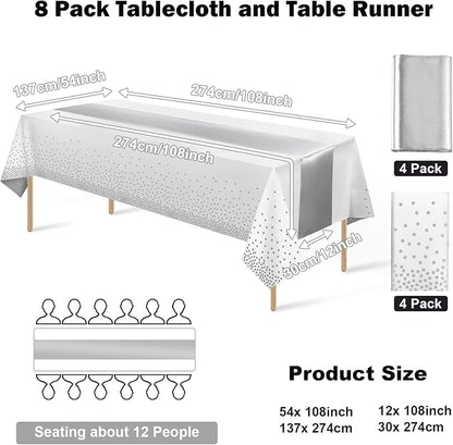 8Pack Disposable Plastic Tablecloths and Satin Table Runner Set White and - Image 2