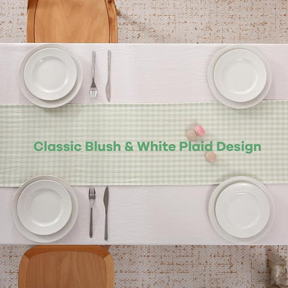 Pile Green White Plaid Gingham Ruffle Table Runner 72 inches Long 100% Washed - Image 4