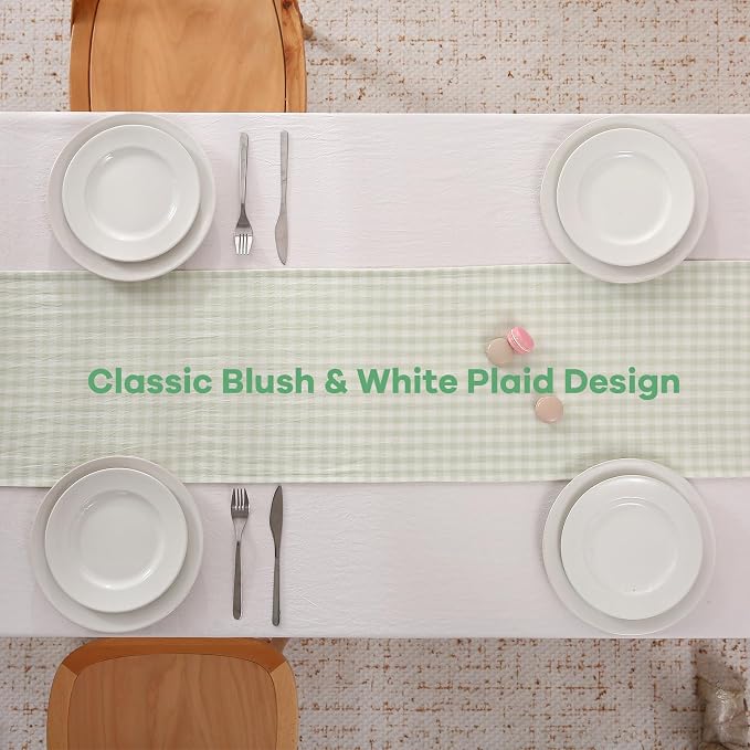 Pile Green White Plaid Gingham Ruffle Table Runner 90 inches Long 100% Washed - Image 4