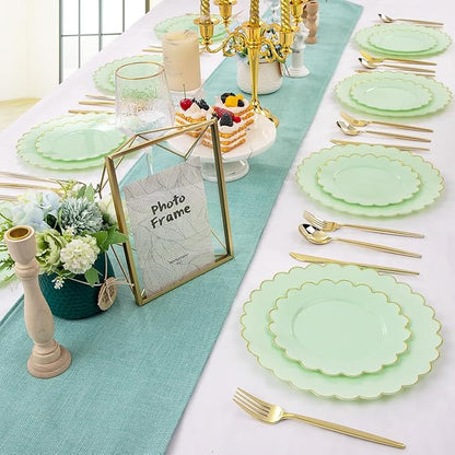 LIYH 60 Pcs Light Green Plastic Plates with Gold Edges, Disposable Sage Green and Gold Plastic Plates Includes: 30 Dinner Plate 10.25 Inch and 30 Dessert Plate 7.5 Inch