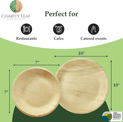 Charity Leaf 25-Pack 10" Round & 25-Pack 7" Round Compostable Palm Leaf Plates | Perfect for Parties, Weddings, and Catering Events