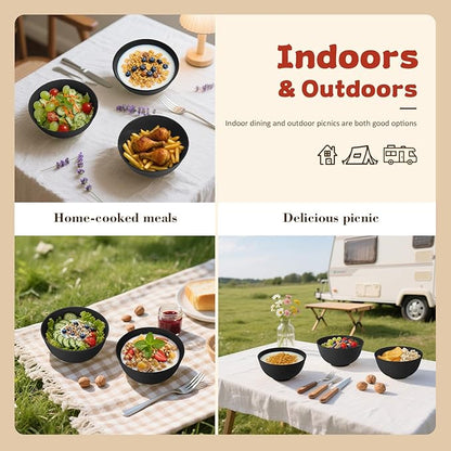 Wrova Wheat Straw Camping Bowls Sets of 6,Unbreakable 26oz Lightweight Bowls Sets for Outdoors Activity,Breakfast Bowls for Cereal and Salad.Black Series