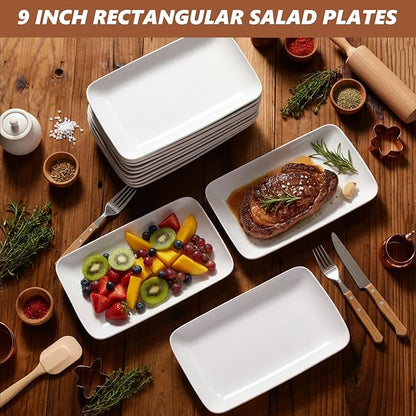 Irenare 20 Pcs 9 Inch Rectangular Salad Plates White Rectangular Porcelain Dessert Plates Appetizer Serving Tray Porcelain Platters for Fruit Sushi Dinner Parties, Microwave, Oven Safe