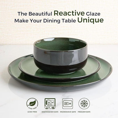 LERATIO Ceramic Plates Set of 6, 8.5 Inch Reactive Glaze Light Weight Porcelain Salad Plates,Modern Shape Dinnerware Dishes Set for Kitchen,Microwave&Dishwasher&Oven Safe,Resistant-Green