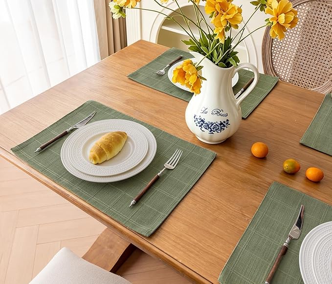 Linen Checked Placemats Set of 6, Sage Green Place Mats 12x18 Inch | Raised - Image 5