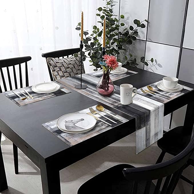 Black and Grey Modern Table Runner and Place Mats Set of 6 Abstract Black and - Image 6