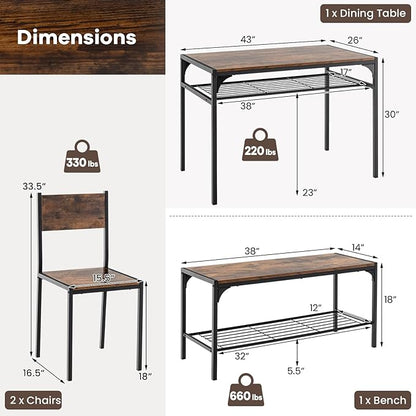 NAFORT Dining Table Set for 4, Kitchen Table with 2 Chairs and Bench, Rustic Wood Dining Set with Metal Storage Shelf, 4-Piece Space-Saving Dinette Sets for Kitchen&Dining Room, Apartment