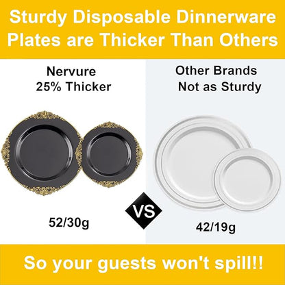 Nervure 100PCS Black Gold Plastic Plates - 7.5 inch Black Plastic Plates with Gold Rim - Disposable Dessert Plates for Wedding & Party