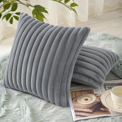 decorUhome Cozy Faux Fur Spring Throw Pillow Covers 20x20 Set of 2 Decorative Soft Plush Striped Modern Farmhouse Boho Couch Pillow Cases with Velvet Back for Sofa Bed Living Room, Grey