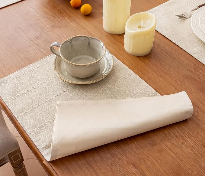 Linen Checked Placemats Set of 4, Ivory Rustic Place Mats 12x18 Inch | Raised - Image 6