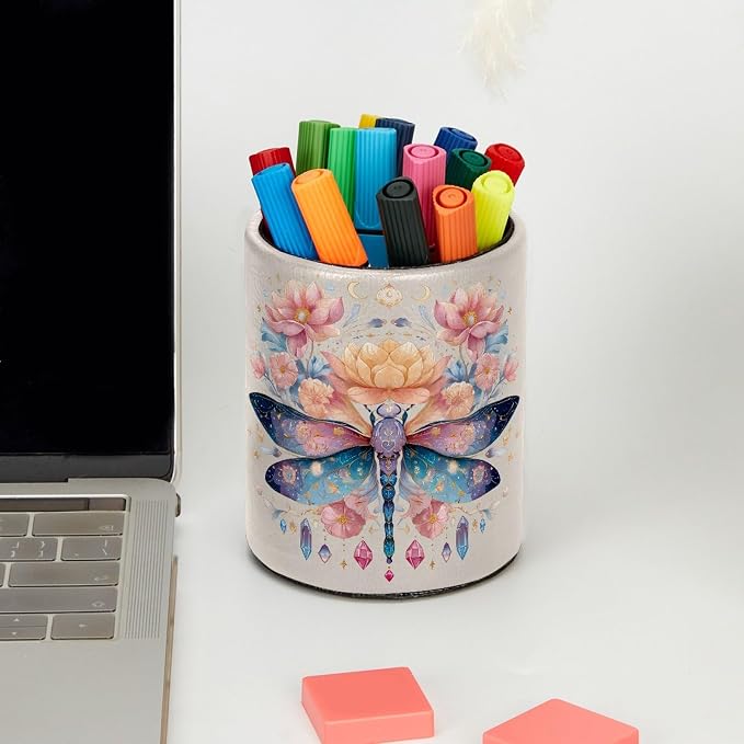 Leather Pen Holder for Desk, Dragonfly Pencil Cup Pen Organizer Makeup Brush - Image 5