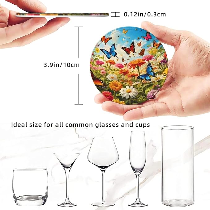 Drink Coasters with Holder Stand Set of 6, Bright Flower Butterfly Pu Leather - Image 3