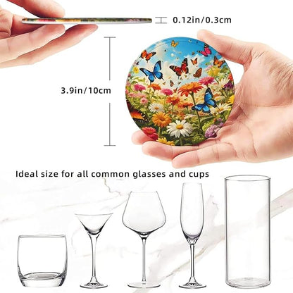 Drink Coasters with Holder Stand Set of 6, Bright Flower Butterfly Pu Leather - Image 3