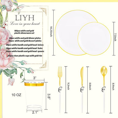 LIYH 180 Pcs White and Gold Plastic Plates Disposable - Image 2