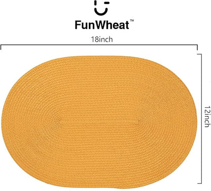 FunWheat Oval Braided Placemats Set of 4 Table Mats for Dining Tables Washable Heat Resistant Place Mats for Indoor Outdoor Use 12 x18 Inch(Oval Pumpkin Yellow, 4pcs)