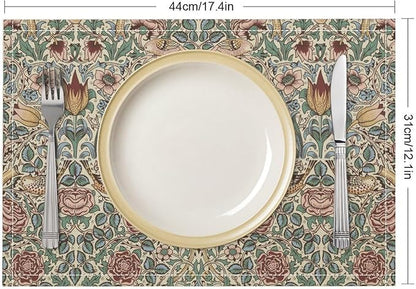 William Morris Placemat Set, Beige Blue Pink Vintage Rustic Art Exotic Ethnic Floral Bird Seamless Pattern Home Decor Linen Table Mats for Dining Room Kitchen Party (17x12in) x4P