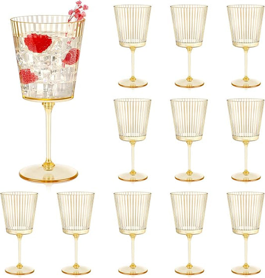 12 PCS Gold Ribbed Plastic Wine Glasses 13.5 OZ Ribbed Wine Glasses Detachable Wine Glass Elegant Fluted Glassware Vintage Style for Wedding Anniversary Birthday Dinner Parties