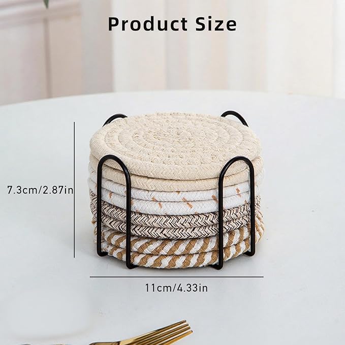 8 Pcs Drink Coasters with Holder, Handwoven Cotton Coasters Set Stackable Absorbent Minimalist Home Decor for Table, Cup, Mug (White)