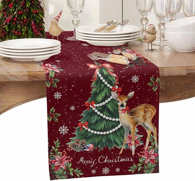 Christmas Reindeer Short Table Runners 48 Inches, Cotton Linen Fabric Red Table - Image 4