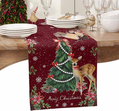 Christmas Reindeer Short Table Runners 48 Inches, Cotton Linen Fabric Red Table - Image 4