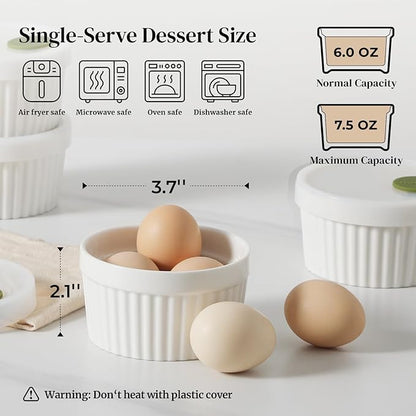 DOWAN Ramekins with lids 6 oz, Creme Brulee Ramiken Oven Safe, Ceramic Baking Bowls Souffle Dishes, Custard Cups Charcuterie Boards Bowls Dipping Sauces, Set of 6, White