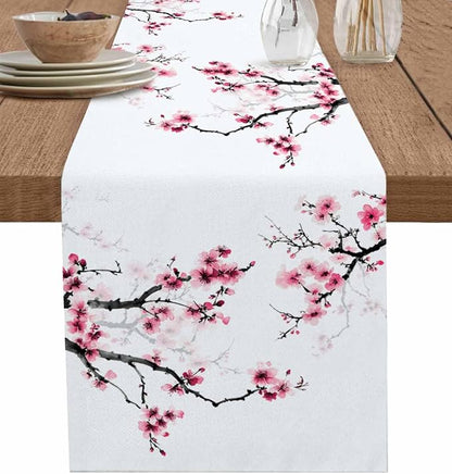 Pink Cherry Flowers Short Table Runners 36 Inches, Cotton Linen Fabric Table by Edwiinsa