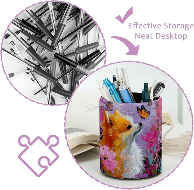 Leather Pen Holder for Desk, Dog Oil Painting Pencil Cup Pen Organizer Makeup - Image 4