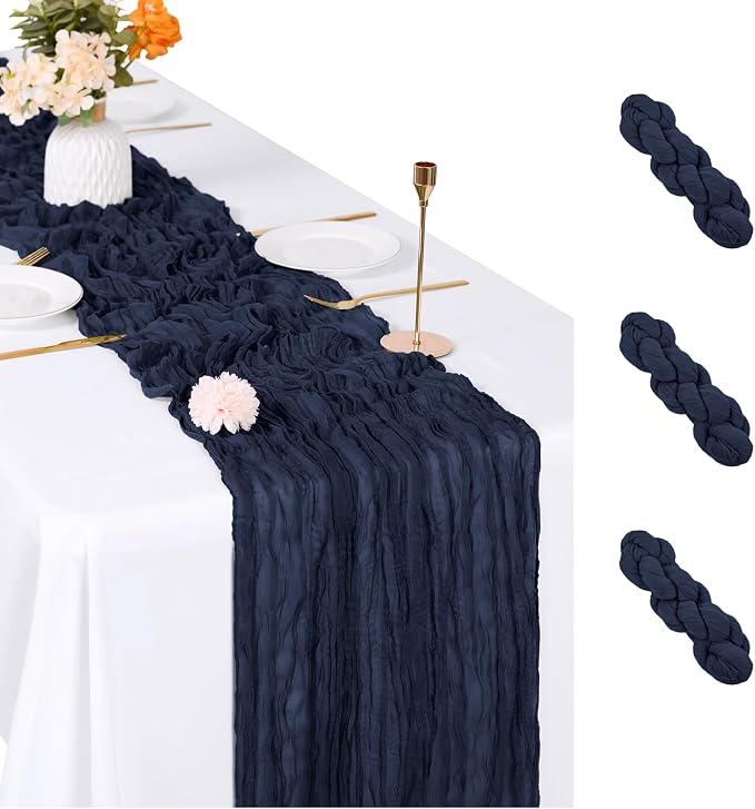 3 Pack Navy Blue Cheesecloth Table Runner, 17 x 108 inch, Semi Sheer Boho by ACSUIT