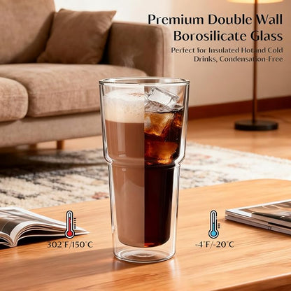 INSETLAN 20oz Double Wall Glass Cups Set of 2 – Borosilicate Glass Tumblers - Image 4
