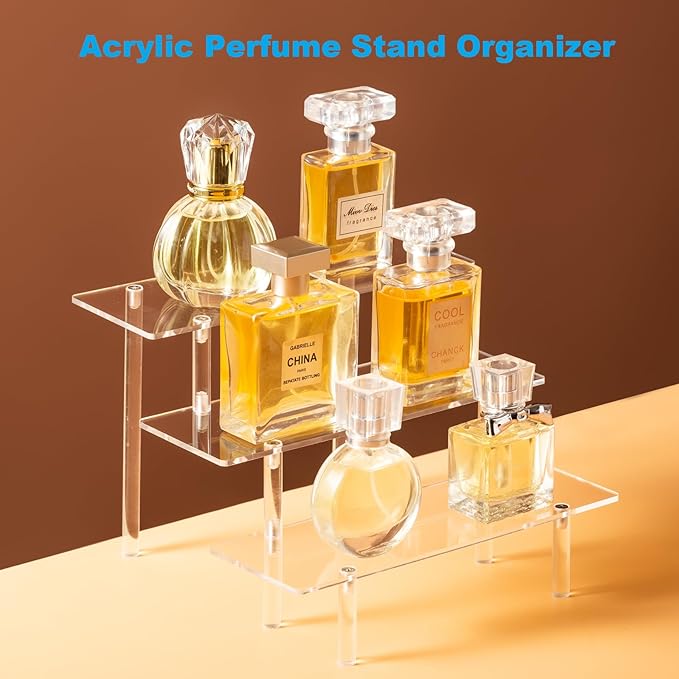 Acrylic Display Risers, Acrylic Perfume Stand Organizer, Clear Shelf Risers for Display Stands for Food, Tabletop Use, Amiibo Funko POP Figure, 3 Tier Clear Cupcake Stand Risers