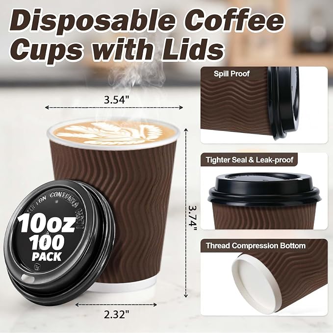 100 Pack 10 oz Insulated Disposable Paper Coffee Cups - Image 2