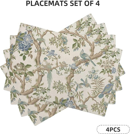 Blue Green Chinoiserie Placemats Set of 4 Spring Vintage Bird Flower Decor Place Mats 12x18 Inch Floral Seasonal Decorative Linen Table Mats for Home Kitchen Dining Party Table Decoration