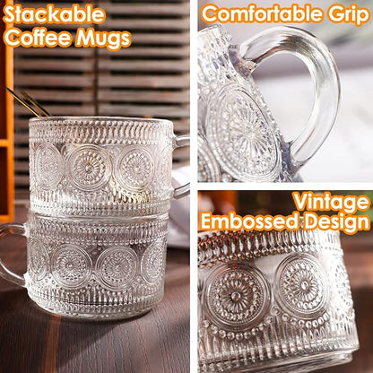 Vintage Glass Coffee Mugs Set of 4, 14 Ounces Embossed Glass Coffee Cups - Image 5