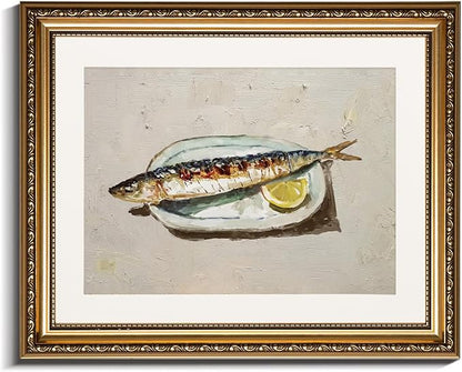 InSimSea Gold Framed Wall Art, Roasted Sardine Lemon Vintage Kitchen Wall Decor, Still Life Canvas Print Art, Dining Room Farmhouse Decor, Antique Paintings with Picture Frame 13x16inch