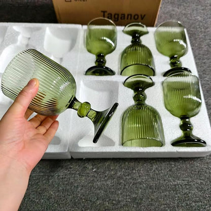 Green Drinking Glasses set of 6 Big Wine Goblets Vintage Colored Glassware 13 oz for Wedding Party Bar Vertical Line Embossed Pattern Stemmed Cups 400ml