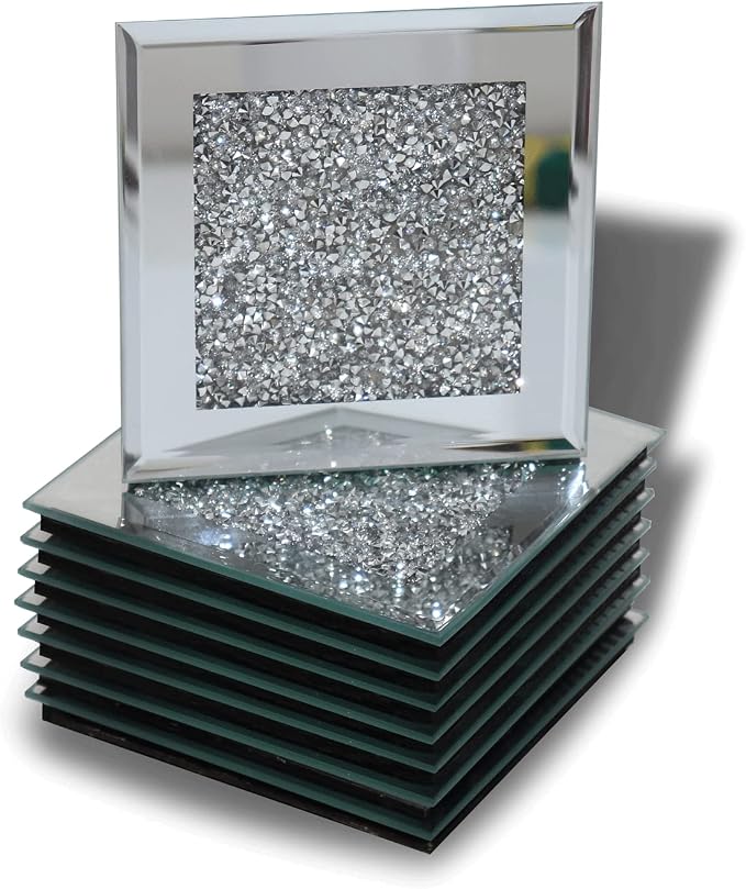 GIMORRTO Glass Mirrored Coaster 8 PC, Crushed Diamond Square Cup 4" Mat Decor - Image 6