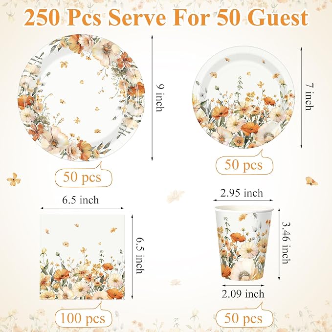 250 Pcs Fall Floral Party Decorations Include Autumn Flowers Paper Plates - Image 3