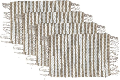 Perilla Home Placemat Set of 4 - Cotton Jute Blend Square Placemats - Farmhouse Rustic Woven Bohemian Machine Washable Table Mats with Tassels for Dining Table Decor (Brown & White)