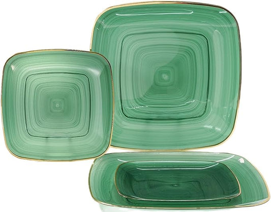 " OCCASIONS " 50 Plates Pack (25 Guests)-Wedding Party Disposable Plastic Plate Set -25 x 10'' Dinner + 25 x 7'' Salad & Dessert plates (Belize Square in Green & Gold)