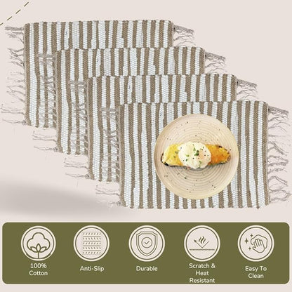 Perilla Home Placemat Set of 4 - Cotton Jute Blend Square Placemats - Farmhouse Rustic Woven Bohemian Machine Washable Table Mats with Tassels for Dining Table Decor (Brown & White)
