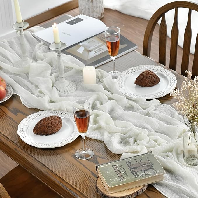 Artoid Mode Boho Milk White Gauze 6 Pieces Wedding Table Runner, 120 Inch - Image 3