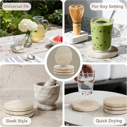 4-Inch Beige Travertine Coasters Set of 4 - Natural Limestone Absorbent Drink Coasters with Non-Slip Cork Backing, Protect Countertops from Stains and Scratches