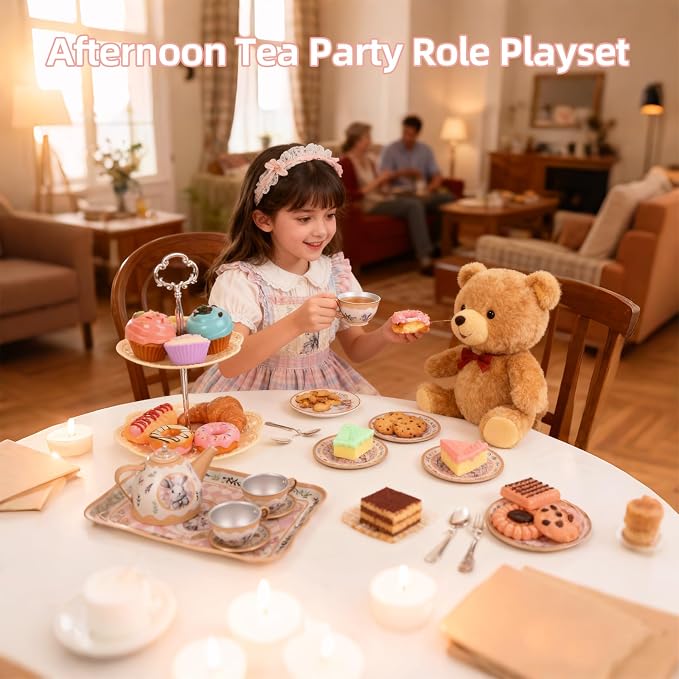 Tea Party Set for Girl, Tea Time Toys Including Tea Set Dessert Carrying Case - Image 5