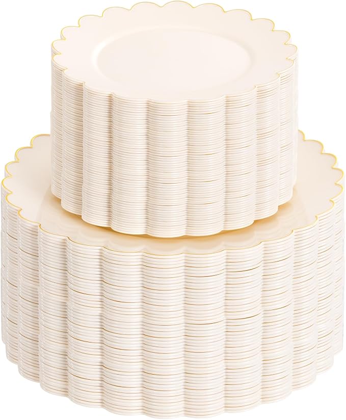 100pcs Scalloped Ivory Gold Plastic Plates, Elegant Party Plates | Includes 50 by supernal