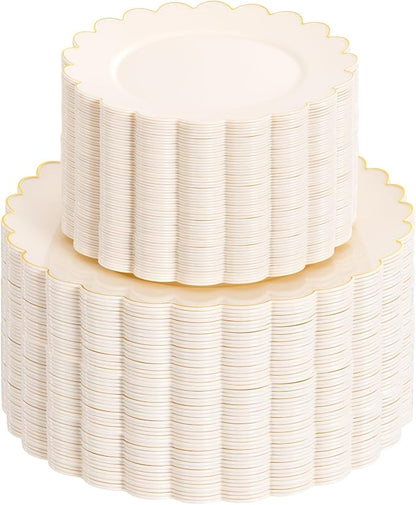 100pcs Scalloped Ivory Gold Plastic Plates, Elegant Party Plates | Includes 50 by supernal