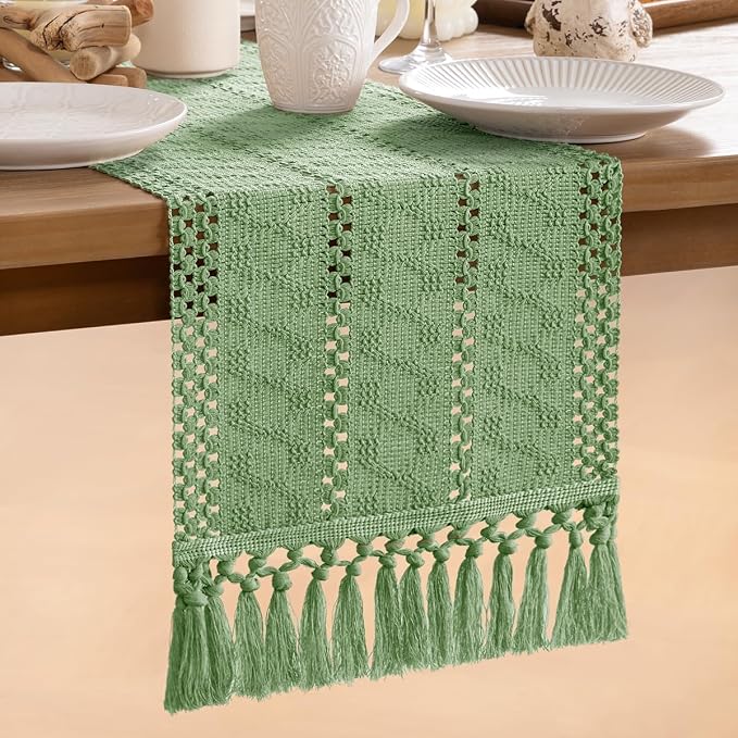 MLMW Boho Sage Green Table Runner Farmhouse Burlap Small Table Runner Dresser - Image 6