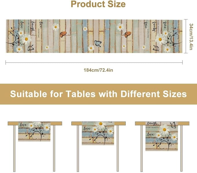White Daisy Table Runner, Rustic Spring Sunflowers Floral Flower Wooden Boards - Image 5