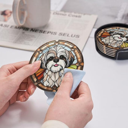 Drink Coaster Set of 6, Shih Tzu Dog Mom Lover Gift,Leather Drink Coasters with Holder,6 Pack Cup/Bar/Drink Coasters for Table/Drinks/Coffee Protection Housewarming Gift
