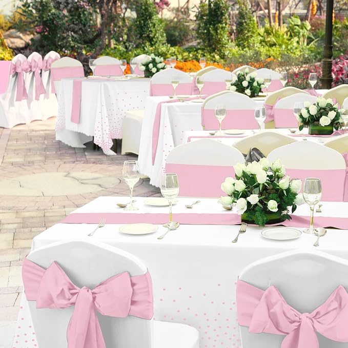 16Pack Disposable Plastic Tablecloths and Satin Table Runner Set White and Pink - Image 6